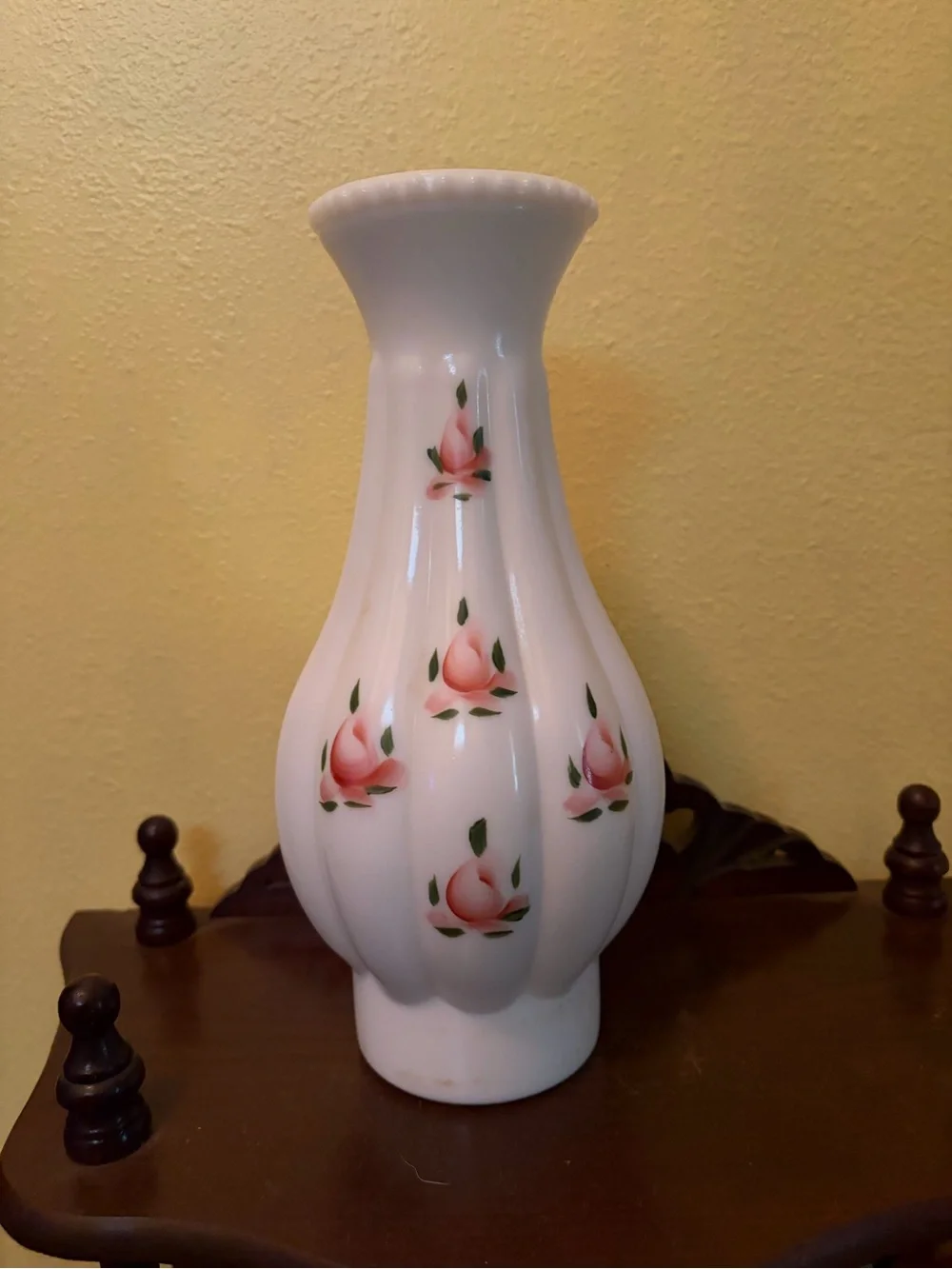 Hand-Painted White Milk Glass Oil Lamp Chimney with Pink Rose Motif